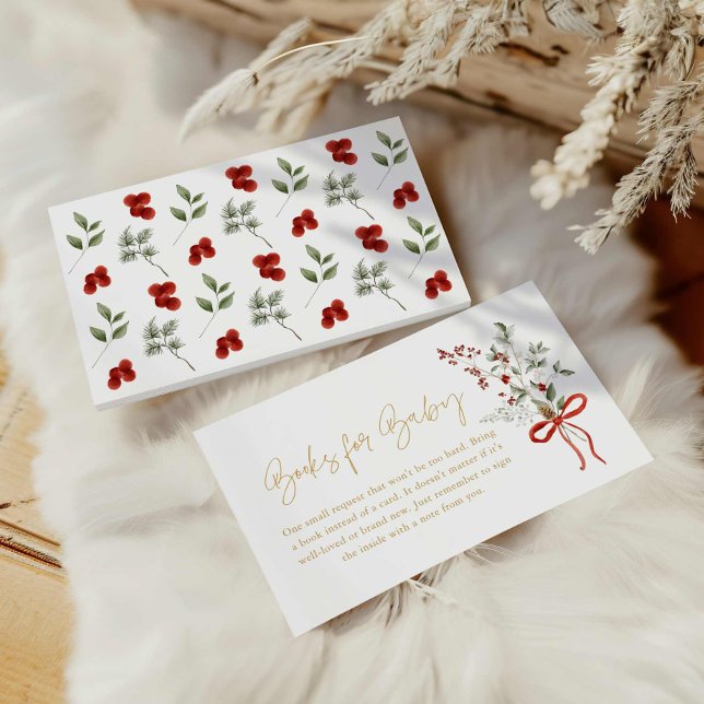 Winter Christmas Girl Baby Shower Books for Baby Enclosure Card (Winter Greenery and Red Holly Books for Baby Card)