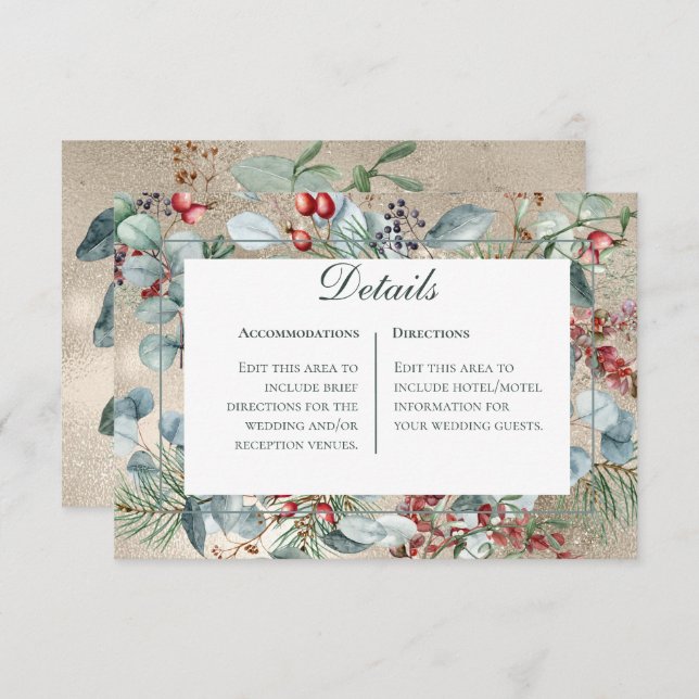 Winter Christmas Greenery Gold Details Wedding Enclosure Card (Front/Back)