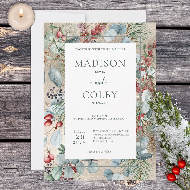Winter Christmas Greenery Gold Wedding Invitation (Creator Uploaded)