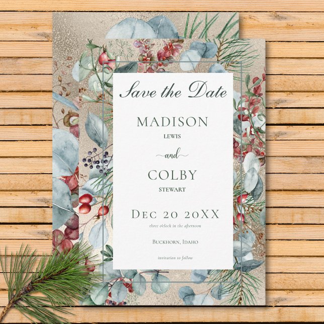 Winter Christmas Greenery Gold Wedding Save The Date (Winter Christmas Greenery Gold Wedding Save The Date)
