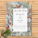 Winter Christmas Greenery Gold Wedding Save The Date<br><div class="desc">Announce your winter wedding with a touch of frosty elegance. Our enchanting save the date card features a captivating watercolor scene. Crisp pine branches and fragrant eucalyptus mingle with vibrant red rose hips and deep blue berries, all nestled amongst lush green foliage. The design shimmers against a backdrop of shimmering...</div>