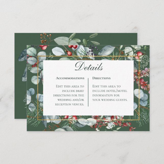 Winter Christmas Greenery Green Details Wedding Enclosure Card (Front/Back)