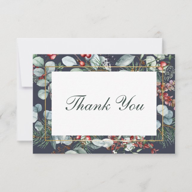 Winter Christmas Greenery Navy Wedding Thank You Card (Front)