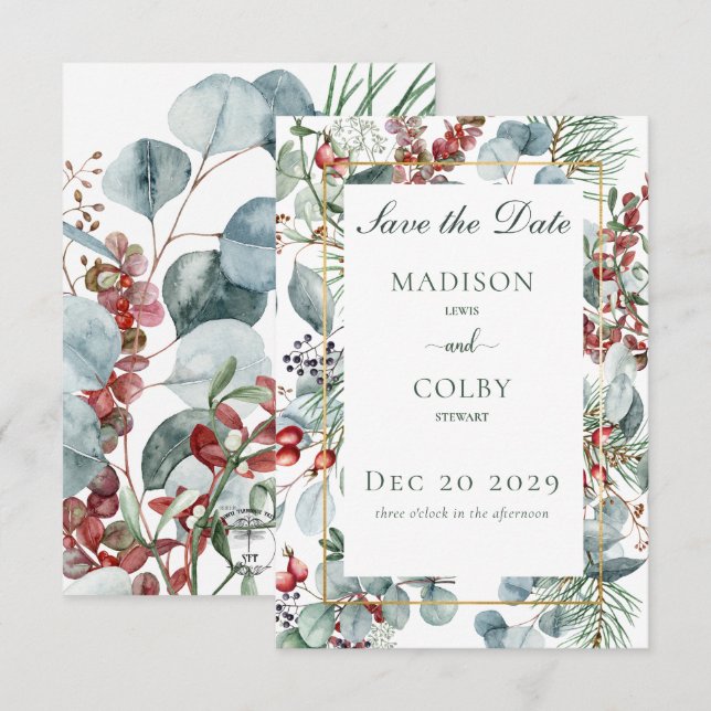 Winter Christmas Greenery Save the Date (Front/Back)