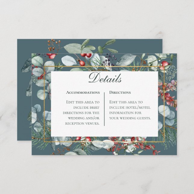 Winter Christmas Greenery Teal Details Wedding Enclosure Card (Front/Back)