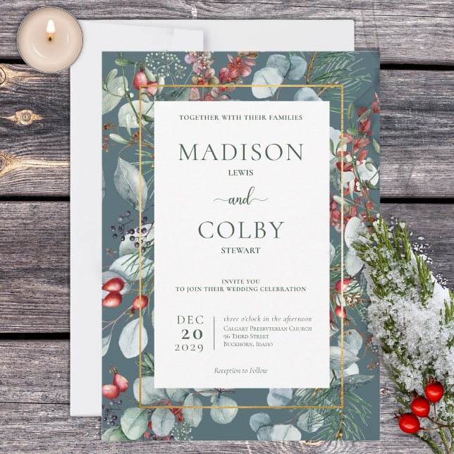 Winter Christmas Greenery Teal Wedding Invitation (Creator Uploaded)