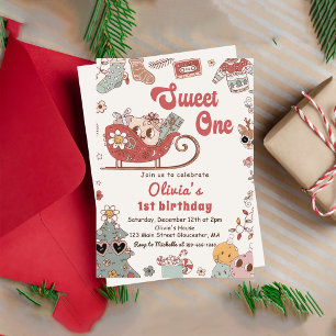 Winter Christmas Groovy Sweet One 1st Birthday  Invitation