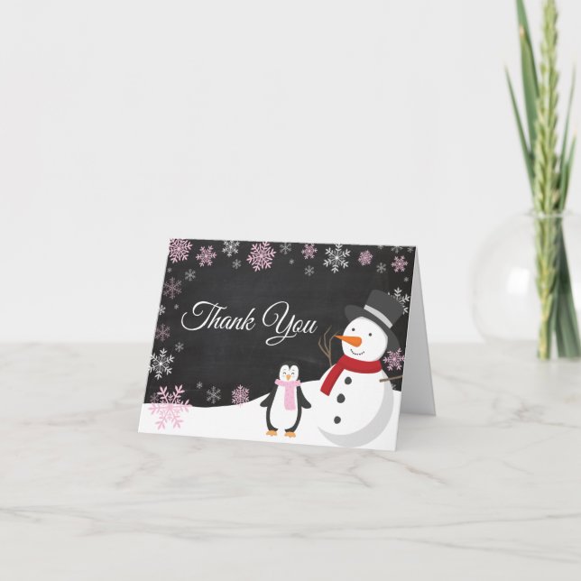 Winter Christmas Holiday Pink Snowflake Chalkboard Thank You Card (Front)