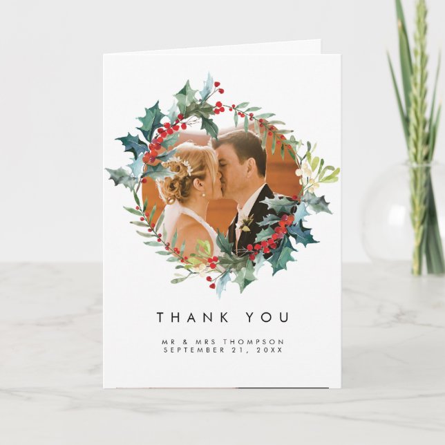 winter christmas holly thank you photo card (Front)