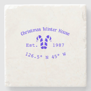 Winter Christmas house blue candy canes est. Year Stone Coaster