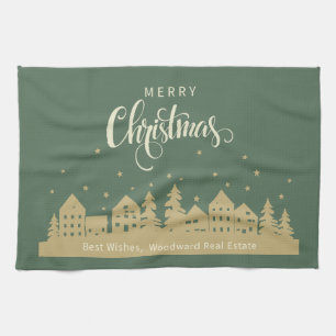 Winter Christmas Houses Real Estate Customised Tea Towel