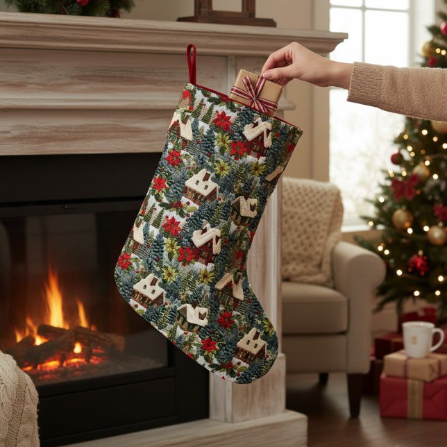 Winter Christmas Houses Trees Faux Embroidery Small Christmas Stocking (Creator Uploaded)