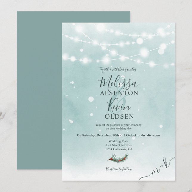 Winter Christmas ice blue string lights wedding Invitation (Front/Back)