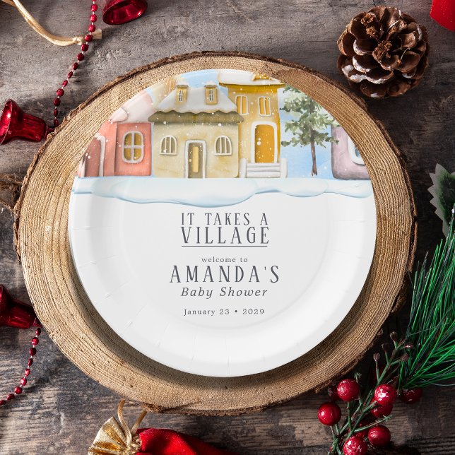 Winter Christmas It takes a Village Baby Shower  Paper Plate (Creator Uploaded)