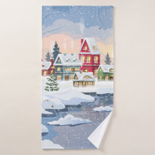 Winter Christmas landscape with snow-covered house Bath Towel