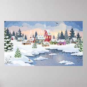 Winter Christmas landscape with snow-covered house Poster
