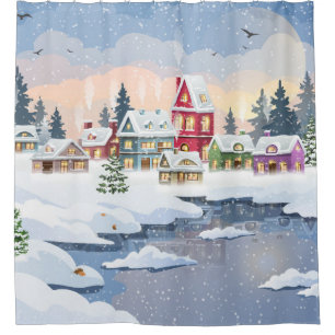 Winter Christmas landscape with snow-covered house Shower Curtain