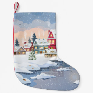 Winter Christmas landscape with snow-covered house Small Christmas Stocking