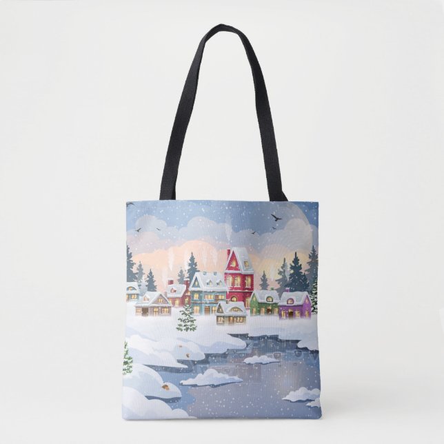 Winter Christmas landscape with snow-covered house Tote Bag (Front)