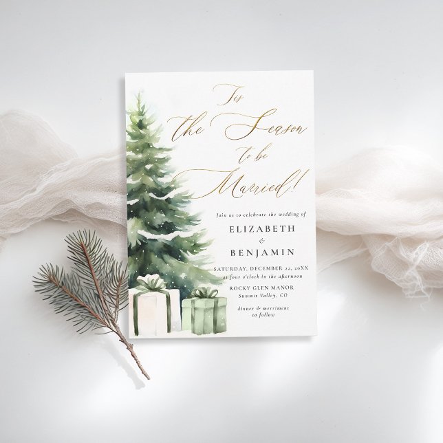 Winter Christmas Married Season Elegant Wedding Invitation (christmas wedding invitation pine tree season to be married gold calligraphy modern rustic elegant)
