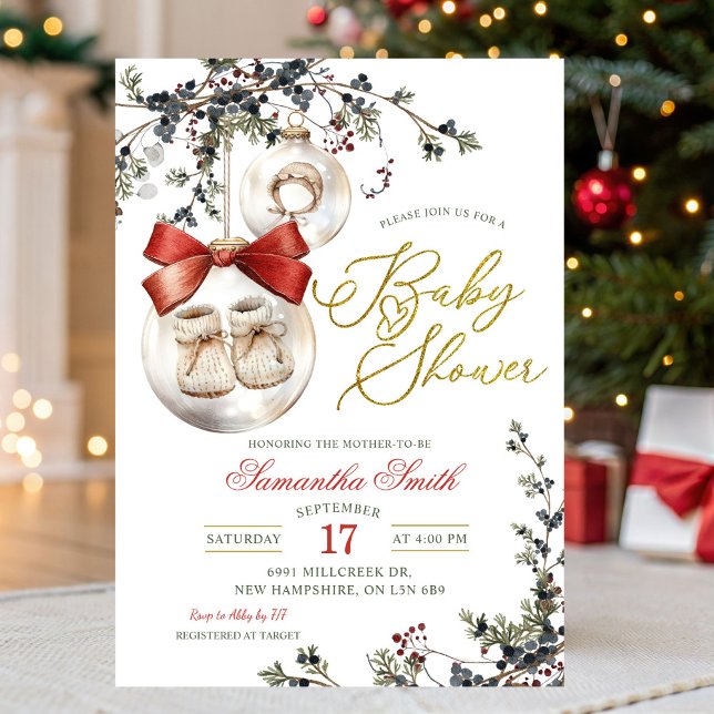 Winter Christmas Minimalist Bauble Baby Shower Invitation (Creator Uploaded)