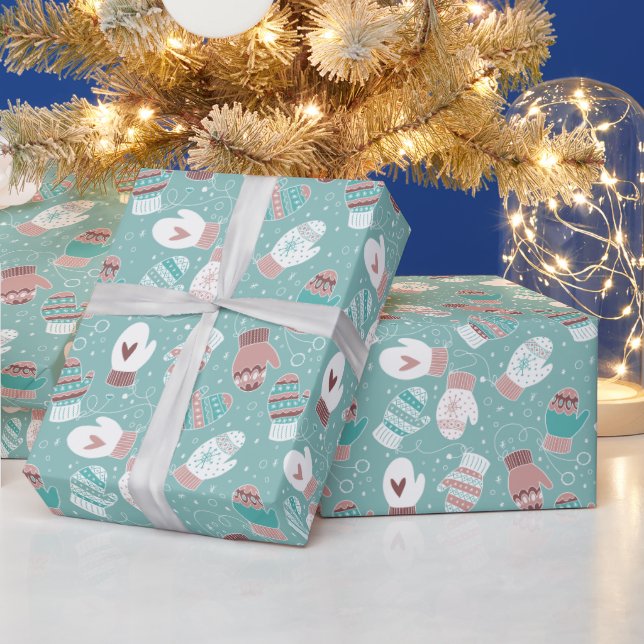 Winter Christmas Mittens Pattern in Mint Wrapping Paper (Holidays)