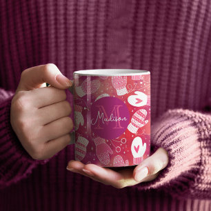 Winter Christmas Mittens Pattern in Pink Coffee Mug