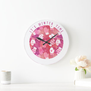 Winter Christmas Mittens Pattern in Pink Large Clock