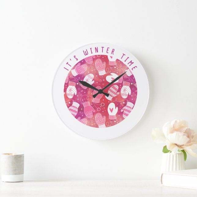 Winter Christmas Mittens Pattern in Pink Large Clock (Home)