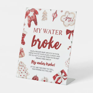 Winter Christmas My Water Broke Baby Shower Game Pedestal Sign