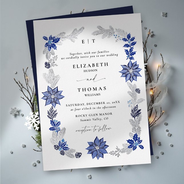 Winter Christmas Navy Blue Botanical Wedding (winter wedding invitation navy blue foil botanical greenery foliage elegant modern classic formal)