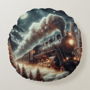 Winter/Christmas night train Round Cushion