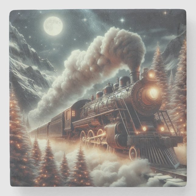Winter/Christmas night train Stone Coaster (Front)