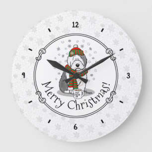 Winter Christmas Old English Sheepdog Grey 1 Cute Large Clock