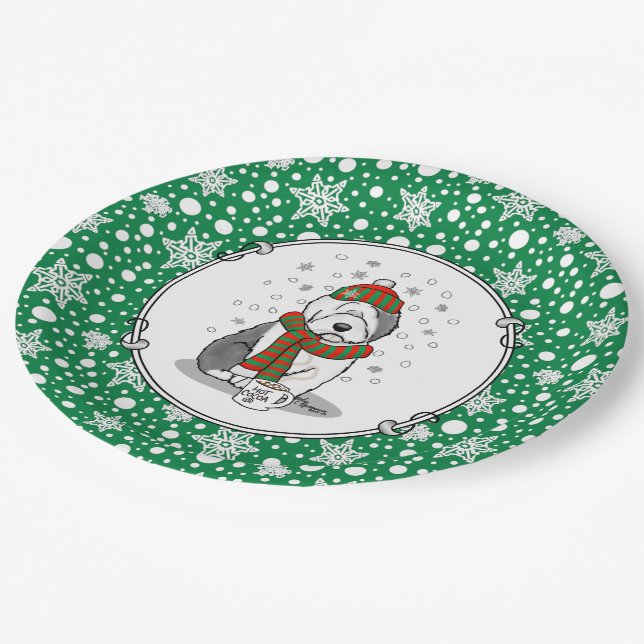 Winter Christmas Old English Sheepdog Grey 1 Cute Paper Plate (Angled)