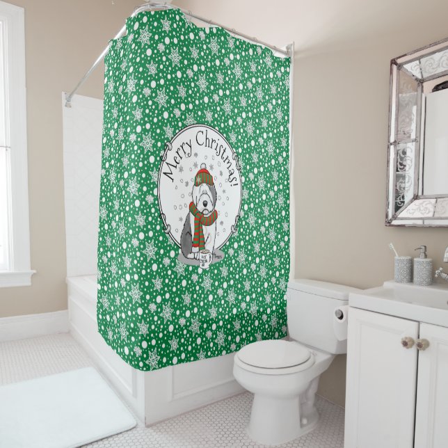 Winter Christmas Old English Sheepdog Grey 1 Cute Shower Curtain (In Situ)