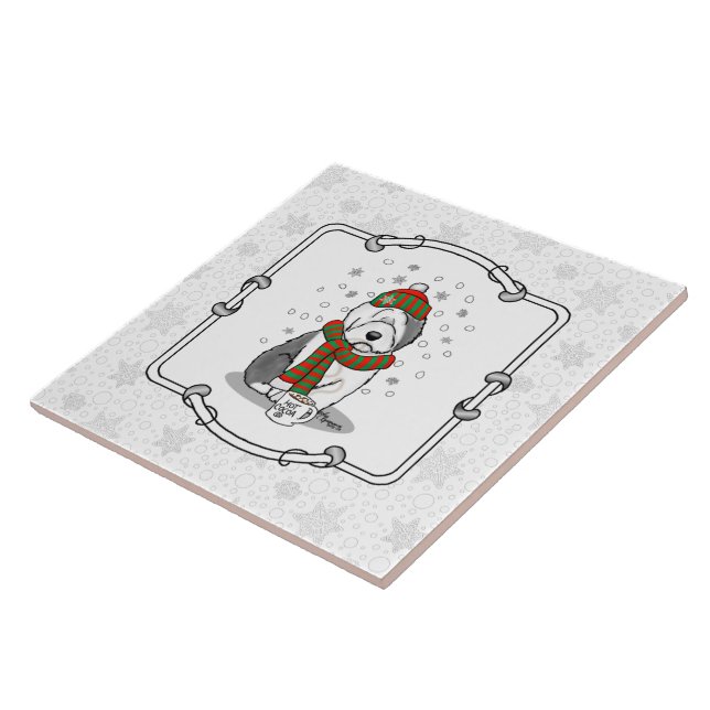 Winter Christmas Old English Sheepdog Grey 1 Cute Tile (Side)