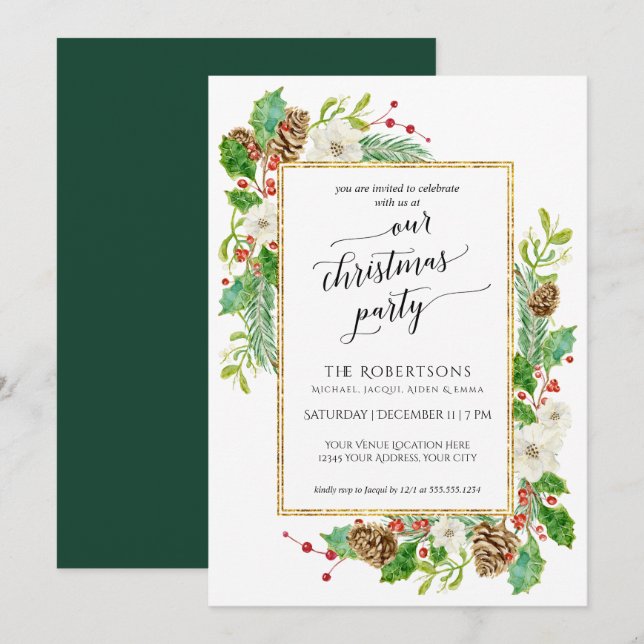 Winter Christmas Party Watercolor Rose Pine Cone Invitation (Front/Back)