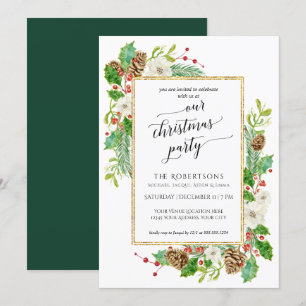 Winter Christmas Party Watercolor Rose Pine Cone Invitation