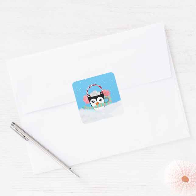 Winter Christmas Penguin Hot Chocolate Square Sticker (Envelope)