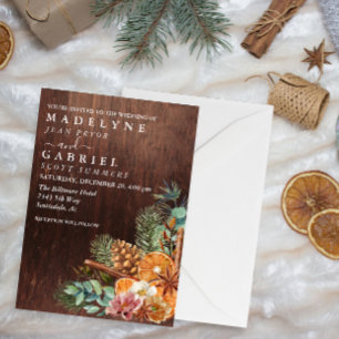 Winter Christmas Pine Bouquet Wood Wedding Invitation