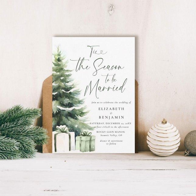 Winter Christmas Pine Tree Rustic Elegant Wedding Invitation (christmas wedding invitation pine tree season to be married calligraphy modern rustic elegant)