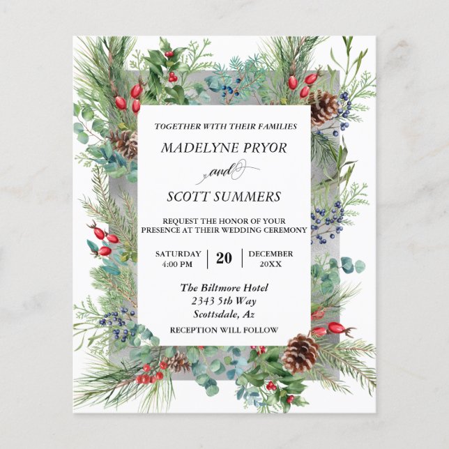 Winter Christmas Pine Watercolor Frame Wedding Flyer (Front)