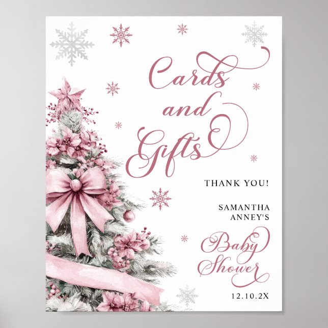 Winter Christmas Pink Baby Shower Cards Gifts Sign (Front)