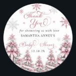 Winter Christmas Pink Baby Shower Thank You Classic Round Sticker<br><div class="desc">Show your gratitude in style with the Winter Christmas Tree Snowflakes Pink Baby Shower Thank You Square Sticker. Featuring a lovely pink background adorned with elegant Christmas trees and delicate snowflakes, this sticker beautifully captures the essence of a cosy winter celebration. Perfect for sealing thank-you notes, gift bags, or party...</div>
