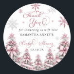 Winter Christmas Pink Baby Shower Thank You Classic Round Sticker<br><div class="desc">Show your gratitude in style with the Winter Christmas Tree Snowflakes Pink Baby Shower Thank You Square Sticker. Featuring a lovely pink background adorned with elegant Christmas trees and delicate snowflakes, this sticker beautifully captures the essence of a cosy winter celebration. Perfect for sealing thank-you notes, gift bags, or party...</div>