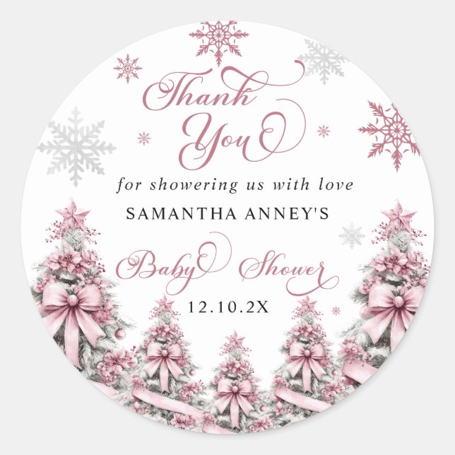 Winter Christmas Pink Baby Shower Thank You Classic Round Sticker (Front)
