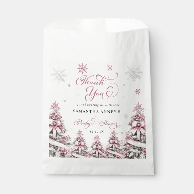 Winter Christmas Pink Baby Shower Thank You Favour Bags (Front)