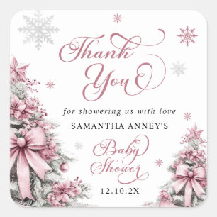 Winter Christmas  Pink Baby Shower Thank You Square Sticker