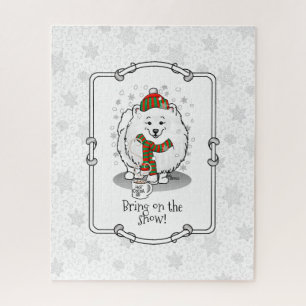 Winter Christmas Pomeranian (white) Dog Cute Snow Jigsaw Puzzle